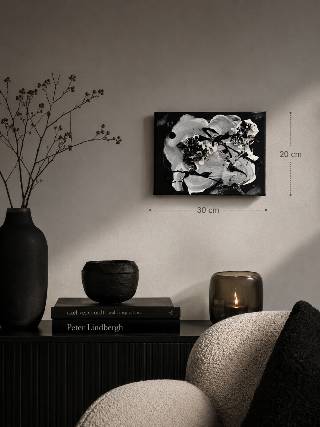 Monochrome Bloom | Oryginalny obraz mixed media 20×30 cm