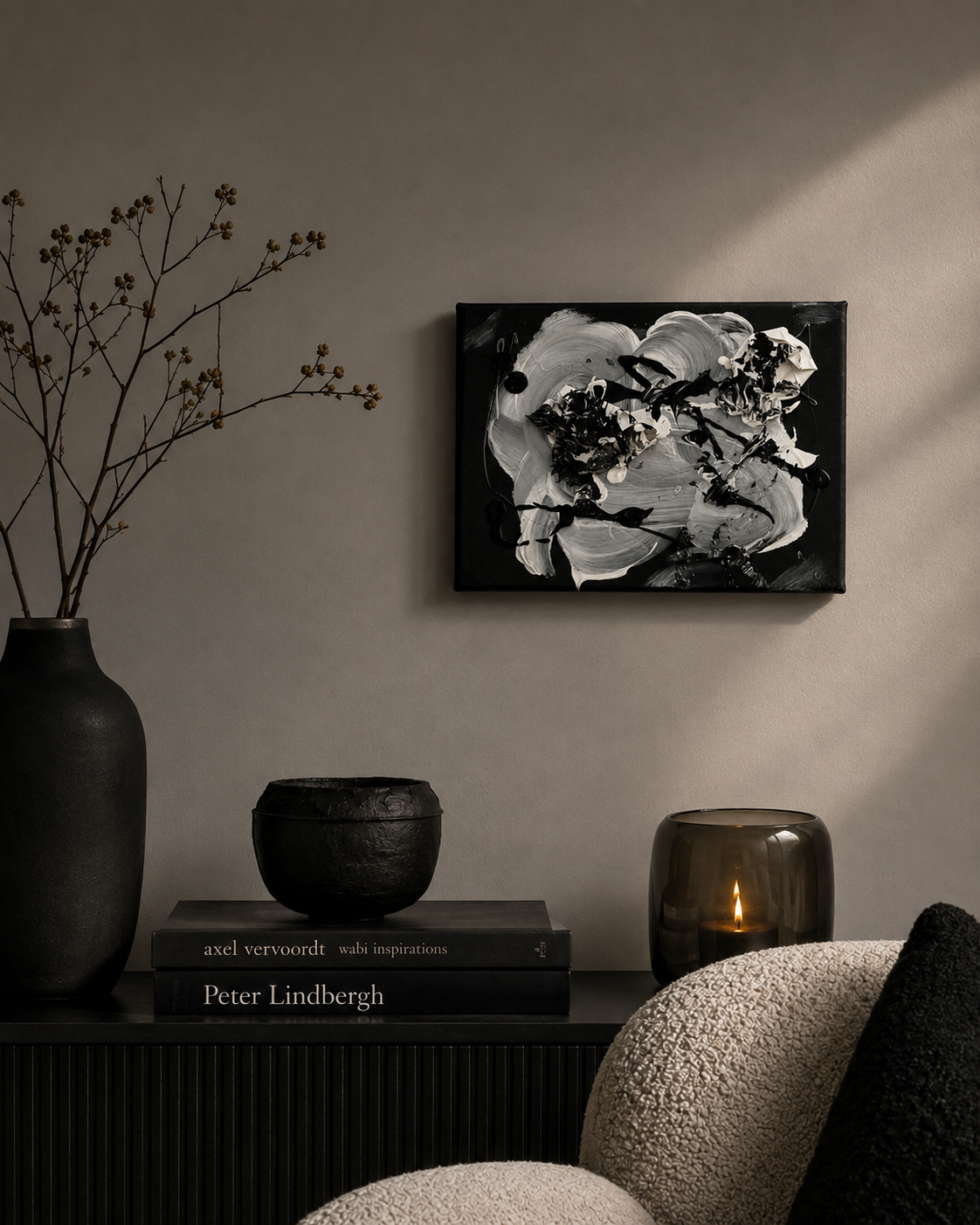 Monochrome Bloom | Oryginalny obraz mixed media 20×30 cm