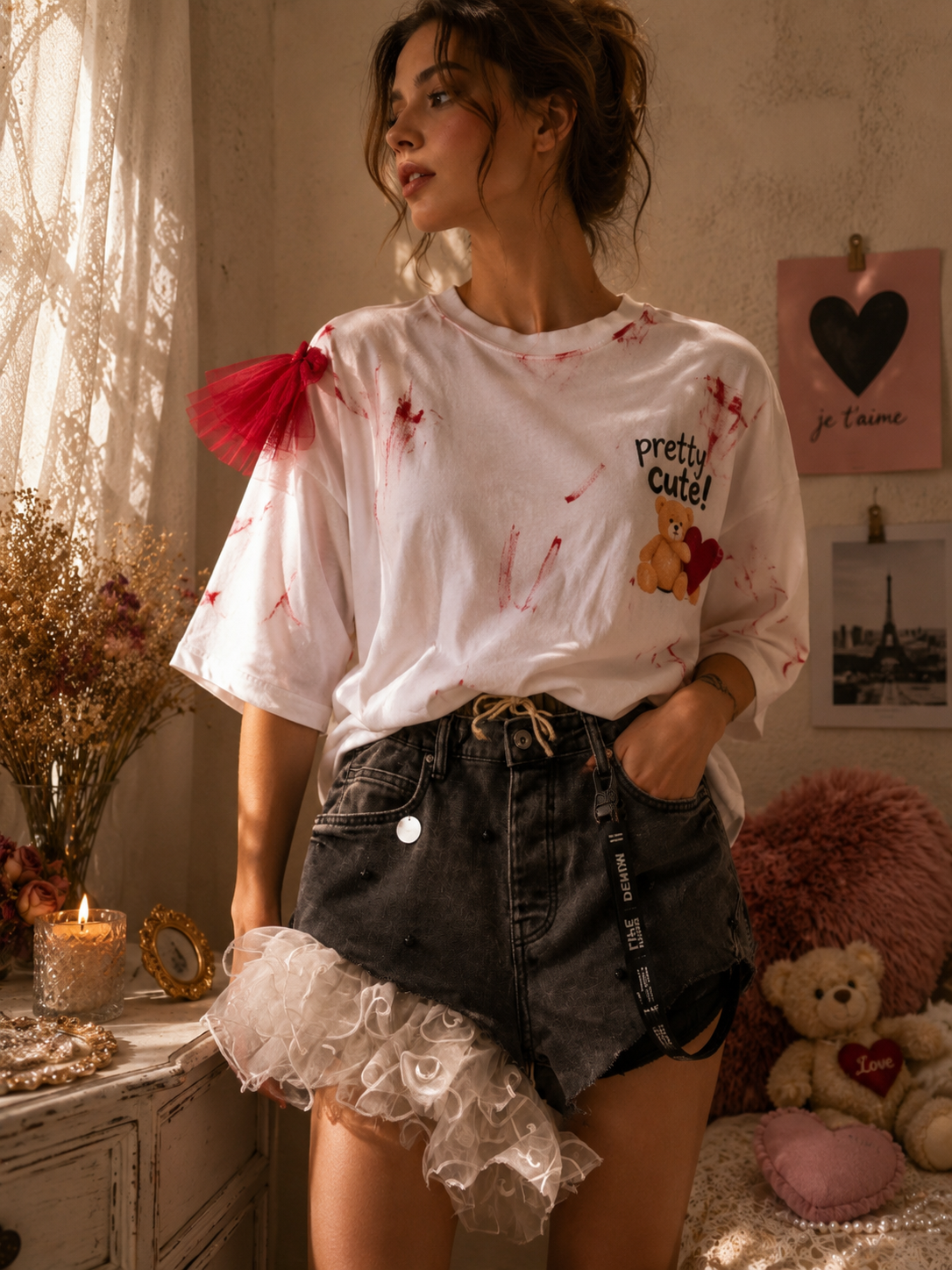 Asymetryczne szorty Zara z falbaną | One of One | Upcycling | Pretty Decay Studio