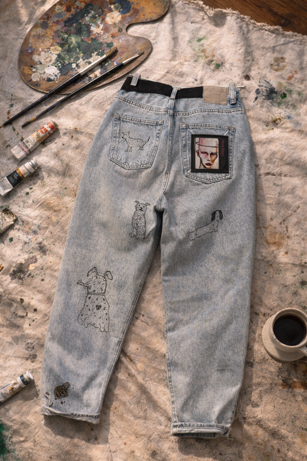 Ręcznie Malowane Jeansy z Psami One of One | Upcycling | Pretty Decay Studio | Rozmiar M