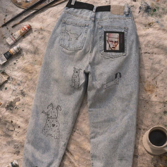 Ręcznie Malowane Jeansy z Psami One of One | Upcycling | Pretty Decay Studio | Rozmiar M